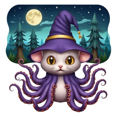 a cat that looks like a wizard that is half monster half octopus holding a rat looking super scary and mysterious with forest background nighttime sky sticker