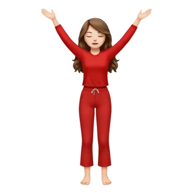 crie uma menina branca com cabelos castanhos longos ondulados, uma roupa de calça e blusa de manga curta na cor vermelho, com braços juntos para cima, olhos fechados e perna levantada sticker