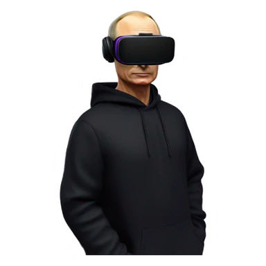 Vladimir Putin wearing a black hoodie with "OMG" letters on it and VR headset oculus quest 2 in a cyberpunk VR environment with violet neon lighting. sticker