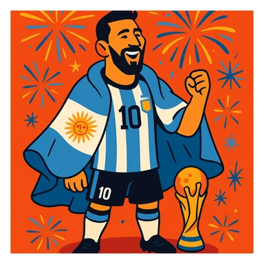 Stylized Messi draped in Argentina flag, World Cup trophy at his feet, fireworks in background sticker