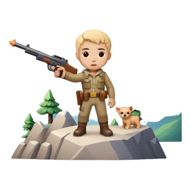Little character holding a toy gun aiming at a mountain with tiny figures on it sticker