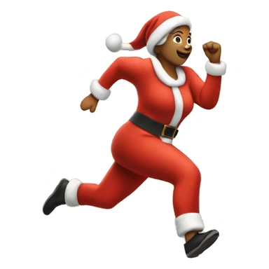 A woman running, with a large stride and arms outstretched, in a santa costume sticker