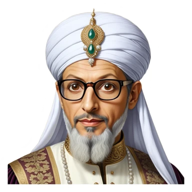 Jeff Goldblum no glasses as a regal portrait dressed as _cinematic-realistic-portrait-of-suleiman-the-magnificent,-depicted-as-a-regal-ottoman-sultan-adorned-with-a-large,-white,-round,-tall-turban-and-a-majestic-grey-beard,-his-commanding-gaze-bathed-in-warm,-historic-lighting-that-exudes-timel sticker