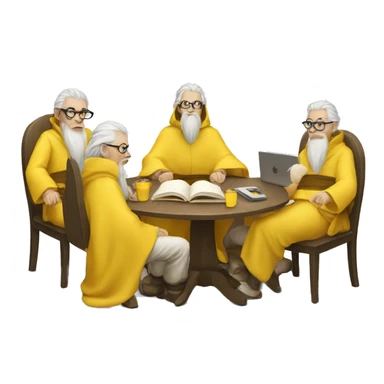 group of gandalfs, round yellow table, yellow clothes, glasses, macbooks sticker