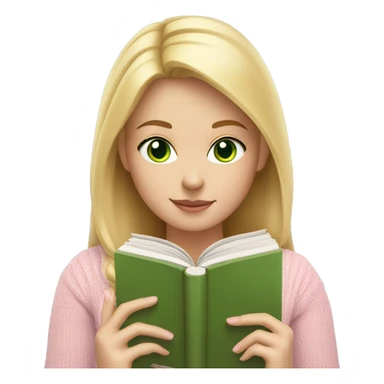 Blonde girl with green eyes reading a book in a light pink sweater  sticker