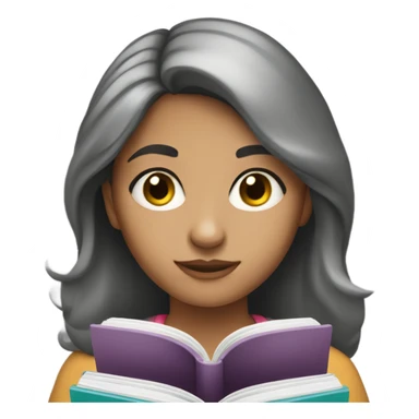 girl reading book, black eyes, Hispanic, grayish hair, wearing classes  sticker