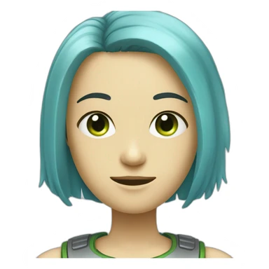 robot with a human head, very thin face, clear cheekbones, green slightly narrow eyes, blue disheveled shoulder-length hair, human complexion sticker