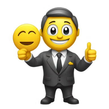  A ISOMETRIC VECTOR 3D cartoon character with a yellow body is holding a house-shaped sign that reads 'FUCCI' . The character is wearing a  suit, white shirt, and tie,  The character has an smiling emoji face and is giving a thumbs-up with their right arm sticker