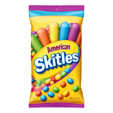 A 90s American Skittles candy package with bold colors, retro design elements, original 90s packaging with bright rainbow colors sticker