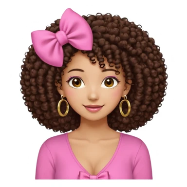 Naturally tan skin girl short darkBrown curly afropink shirt very long lashes hoop gold earrings Brown eyes gyaru smiling closed mouth cute bow hairclip small on the side. V neck pink shirt sticker