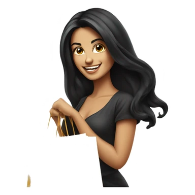 Tanned beautiful italian woman with long black hair smiling and holding bags shopping, glamorous realism sticker