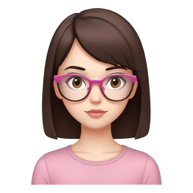 really pale white girl with straight short dark brown hair with side bangs, brown eyes, wears brown glasses that are slightly rounded and a really cute coquette style pink and brown top sticker