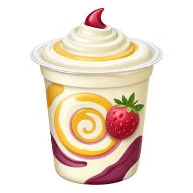 small yogurt cup with peeled-back foil lid, creamy yogurt with fruit swirls, no spoon or extras, soft lighting, subtle shadows, emoji scale sticker