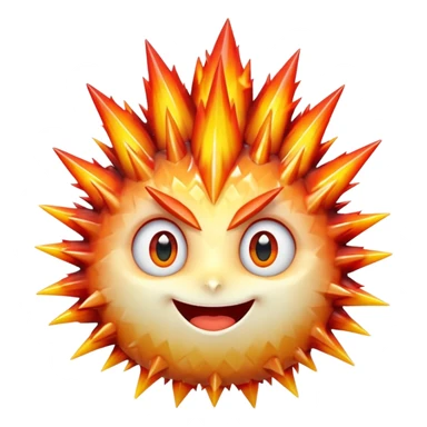 A single spiky crystal rock character, compact and round with many chunky flame-like spikes, glowing red–orange–yellow gradient like fire, faceted crystal texture, cute face with big shiny eyes and excited smile, sticker