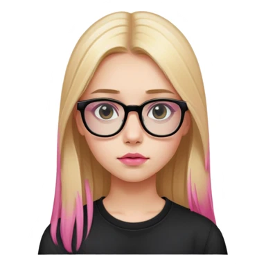 Teenage girl taking a selfie in a school bathroom. Long straight blonde hair with pink dye, rectangular glasses, black shirt, neutral expression with slightly glossy lips sticker