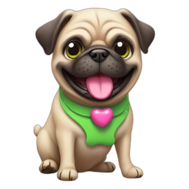 a happy pug whit a green toy bone and pink collar sticker