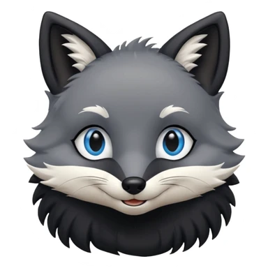 Grey furry fox with a black coat, blue eyes, and a small fringe of black hair, smiling sticker