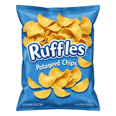 Draw a Ruffles chip bag in blue packaging with ridged potato chips spilling out. sticker
