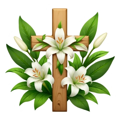 A wooden cross with white lilies around the bottom.. No lilies on the centre of the cross.  sticker