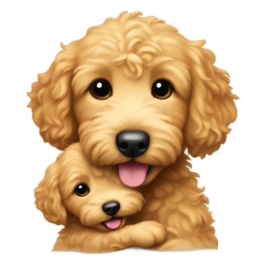 Mini golden doodle holding a baby sticker
