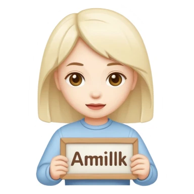 Chibi cult girl emoji, flat vector style, bold outline, holding a sign that says “AMILK” in clear capital letters, centered, simple background sticker