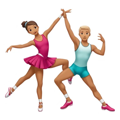 Icon for Sports Dance: a couple in competitive attire performing a synchronized dance with acrobatic moves, dance shoes, a rhythmic floor, and a competition backdrop. The icon should capture athleticism, technique, and acrobatic precision. Transparent background. sticker