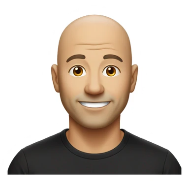 smiling bald man in middle age without the mustache and a little beard under his lips wearing a black t-shirt sticker