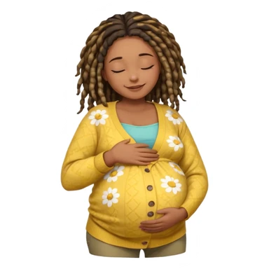 pregnant black woman with dread lock hair happily touching her big belly while wearing casual shirt and yellow warm  flowery cardigan closing her eyes and smile wamrly sticker