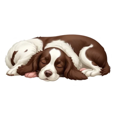 Meme-Worthy Cute Sleeping Springer Spaniel Portrait Emoji, Head resting peacefully with a contented smile, showcasing a delightfully agile build and a luxuriously soft liver and white Fur, eyes shut in a serene nap, Simplified yet hilariously adorable features, highly detailed, glowing with a soft, drowsy light, high shine, relaxed and utterly lovable, stylized with an air of playful laziness, bright and heartwarming, soft glowing outline, capturing the essence of a comically sleepy companion, so meme-worthy it feels like it could instantly become the next viral sensation of adorable slumber! sticker