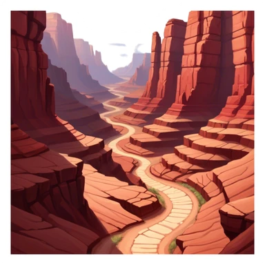 Cinematic Realistic Canyon Emoji, Vast and rugged, with deep red rock formations and winding paths leading down to a dry, dusty floor. Sunlight casts long shadows across the craggy surfaces, highlighting the layers of ancient rock. Soft glowing outline, capturing the essence of dramatic beauty and ancient history in a mighty canyon. sticker