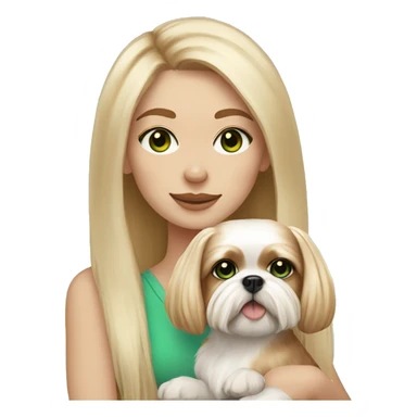 Girl with lots of freckles, long blonde hair, freckles, and bright green and blue eyes holding an all beige shih tzu dog  sticker