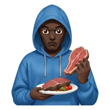 MF DOOM in a blue hoodie holding a piece of meat sticker