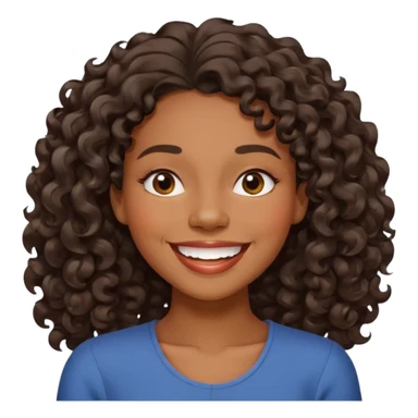 Happy fuller  face with big smile showing top teeth,  high cheek bones, dark brown skin color black women wavy curly hair shoulder length with side part, eyes slightly closed sticker