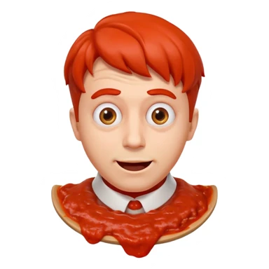 funny theater actor portrait, head and shoulders only, covered in tomato sauce, shocked wide eyes, awkward smile, stage costume collar, 3D cartoon, mobile game icon style, clean background, no text, no watermark
 sticker