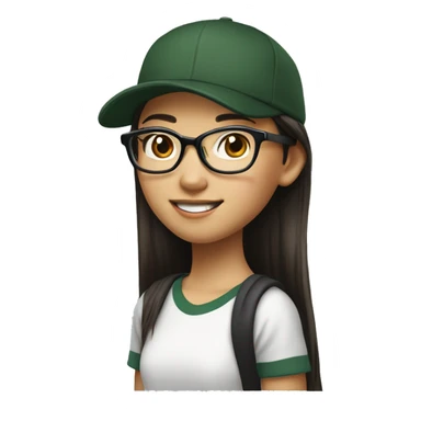 Hyper realistic, look from side, asian girl, light white skin, smiling with teeth, black eyes, spotted frame glasses, long brown straight hair with highlighted strands, black T-shirt, dark green cap. sticker