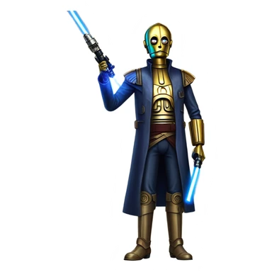 tarnished undercover tough well-equipped Jedi  life-sized darkblue-pearl C3po leather vest clothing pants and vest old west duster coat holding light saber sheriff sticker
