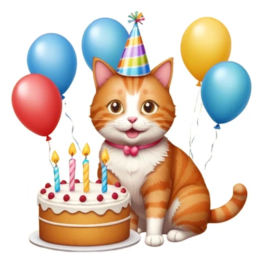 Ginger cat celebrates birthday, birthday hat, birthday cake, balloons, happy sticker