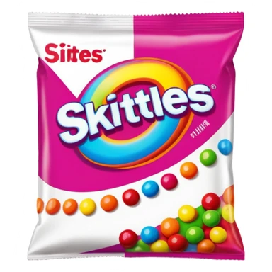 A vintage 90s Skittles package with neon accents, radical 90s American style, old school logo, bright and colorful sticker