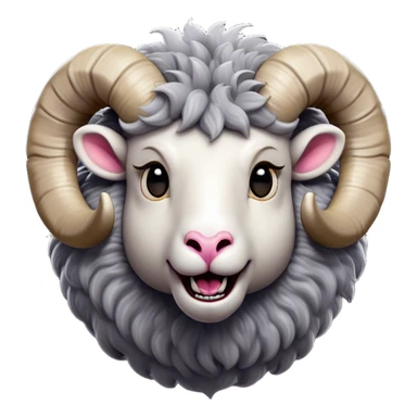 Cinematic Comical Ram Portrait Emoji, Head tilted dramatically with an exaggeratedly amused expression, featuring a striking woolly grey fur with impressively curled horns, wide, expressive dark eyes filled with playful disbelief, Simplified yet hilariously expressive features, highly detailed, glowing with a slightly sassy glow, high shine, dramatic yet playful, stylized with an air of cheeky mischief, bright and endearing, soft glowing outline, capturing the essence of a spirited and over-the-top ram, so meme-worthy it feels like it could butt its way into internet fame instantly! sticker