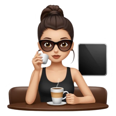 generate a pretty fair bratz girl with dark brown eyes, dark brown eyes tied into a slick back ponytail, thin brown sunglasses. Wearing a black cami top and drinking coffee sticker