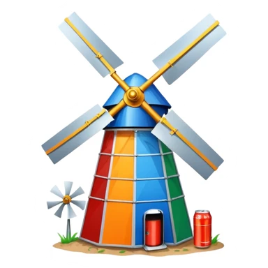 quirky and colorful windmill made from recycled objects like cans, bottles, and old metal sticker