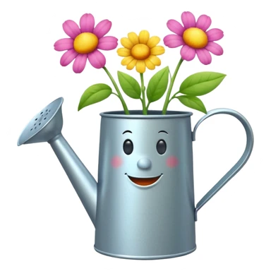 give me a watering can with legs. anthropomorphise the can. have the can watering 3 plants on the grown (flowers) sticker