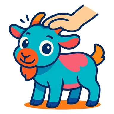 Make the cute cartoon goat look animated with a hand patting its head, in vibrant toon style. Keep the background simple or transparent. sticker