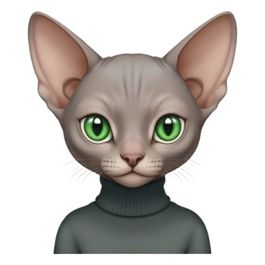 sphinx cat with green eyes and wearing a dark grey turtleneck sweater sticker