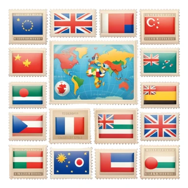 Icon for Stamp Collecting: a collection of vintage and colorful stamps arranged in an album or on a desk, with a large stamp block in the center showcasing different countries and themes. The icon should reflect the charm and history of philately. Transparent background. sticker
