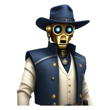 frantic bounty hunter tarnished undercover tough well-equipped Jedi life-sized darkblue-pearl C3po leather vest clothing pants and vest old west duster coat holding light saber sheriff holstered gun hat floating sticker