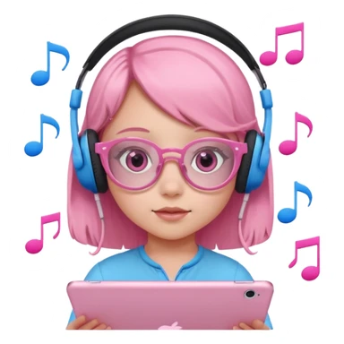 Little girl with headphones when pink eyes and pink iPad and pink dreamy background and rose colored glasses and blue music notes around her sticker