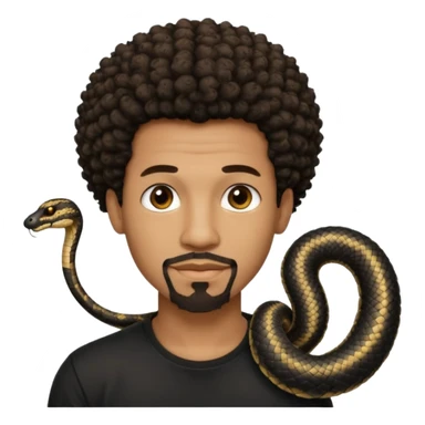 Homme noir, yeux marron avec un bouc sans la moustache, cheveux court et bouclé crépus avec un dégradé sur le côté, avec un cobra à côté , t-shirt noir  sticker
