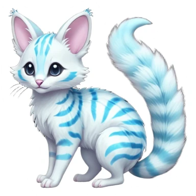  cute adorable whitish pastel fur with glowing bioluminescent random colorful markings iridescent beautiful elegant pretty precious cute young youthful  Fakémon-Pokémon-alien-opossum-feline-serval-caracal-chinchilla-Minccino-hybrid-creature with a big fluffy bushy striped tail (full body) sticker