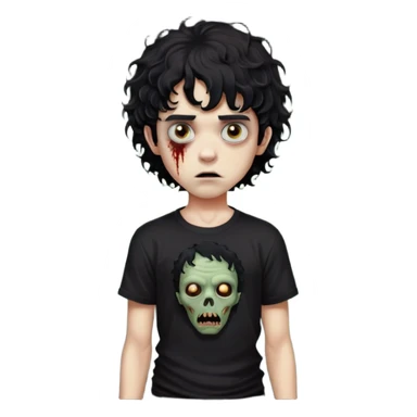 Boy, zombie, black curly wavy hair, medium hair, emo, round shaped hair, dark hair, spooky, creepy expression, fringe in the eyebrows height, with Black t-shirt  sticker